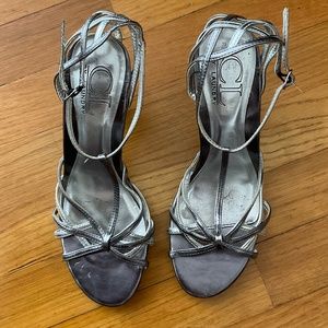 Silver strappy CL T-strap heels, size 7.5